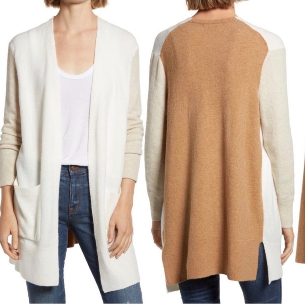 Madewell 'Kent' Colorblock Open-Front Tan & White Cardigan Sweater XL